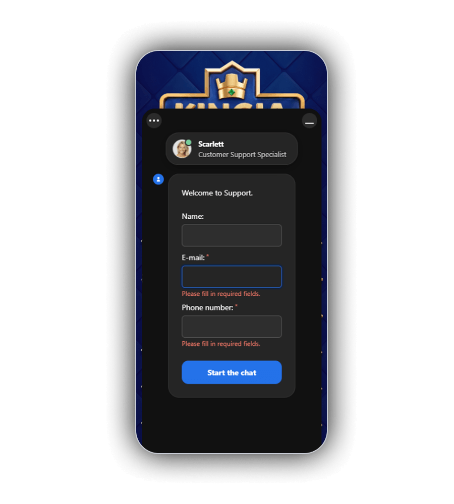 Schriftelijk contactformulier van Kingia Casino op een leestafel met een informatieboekje ernaast