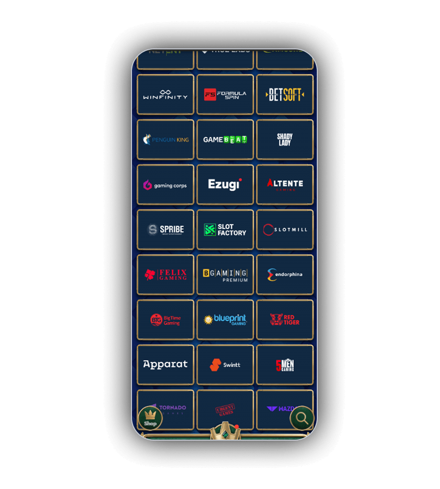 Vier vitrinekasten met de logo's van Evolution, Pragmatic Play, Novomatic en Wazdan in de spellengalerij